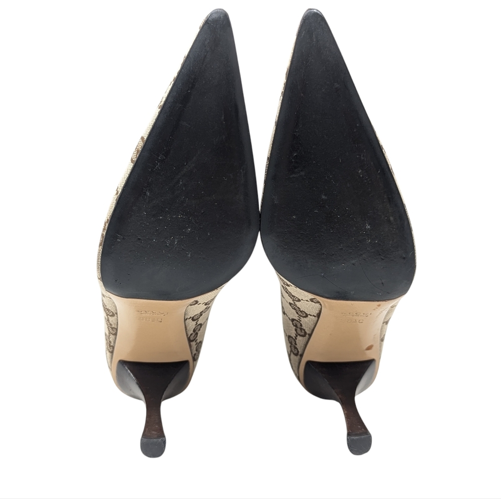 Gucci Signature Calf High Pointed Brown & Beige Monogram Heeled Boots Sz EU 38.5 - Picture 9 of 12